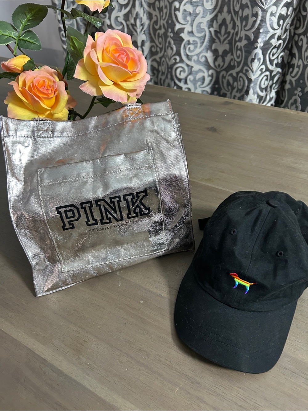 PINK Victoria's Secret Shiny Silver Logo Tote & cap